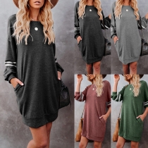 Fashion Striped Spliced Long Sleeve Round Neck Loose T-shirt Dress