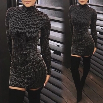 Sexy Long Sleeve Mock Neck Slim Fit Shinning Party Dress