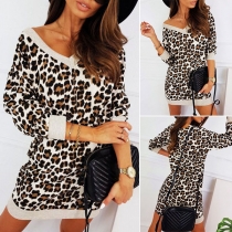 Fashion Long Sleeve V-neck Leopard Printed Sweatshirt Dress
