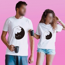 Cute Cat Printed Short Sleeve Round Neck Couple T-shirt
