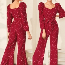 Sexy Puff Sleeve Square Collar High Waist Printed Jumpsuit