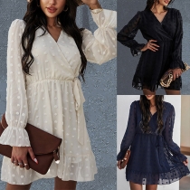 Sexy V-neck Long Sleeve High Waist Ruffle Hem Dress