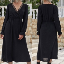 Sexy Lace Spliced V-neck Long Sleeve High Waist Solid Color Dress