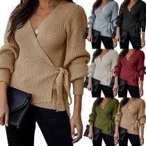 Fashion Solid Color Long Sleeve V-neck Lace-up Knit Top