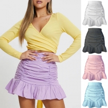 Fashion Solid Color High Waist Ruffle Hem Wrinkled Skirt