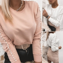 Fashion Solid Color Long Sleeve Round Neck Pearl Spliced T-shirt
