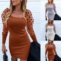 Sexy Dots Gauze Spliced Long Sleeve Round Neck Slim Fit Dress