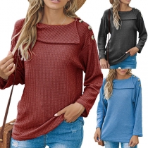 Fashion Solid Color Long Sleeve Oblique Collar T-shirt