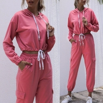 Fashion Solid Color Hooded Crop Top + Pants Two-piece Set