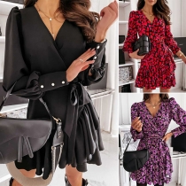 Sexy V-neck Ruffle Hem Long Sleeve High Waist Dress