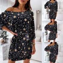 Sexy Off-shoulder Boat Neck Long Sleeve Printed Dress
