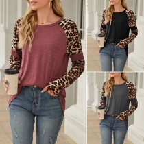Fashion Leopard Spliced Long Sleeve Round Neck T-shirt