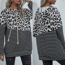 Fashion Leopard Spliced Long Sleeve Hooded Striped T-shirt