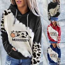 Cute Cow Printed Long Sleeve Hooded Sweatshirt