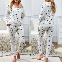 Casual Style Star Prinfted Long Sleeve Top + Pants Two-piece Set