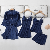 Sexy Solid Color Sling Top + Shorts + Sling Dress + Robe Nightwear Four-piece Set