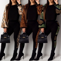 Fashion Printed Spliced Lantern Sleeve Top + Pants Two-piece Set