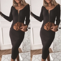 Simple Style Long Sleeve Round Neck Solid Color Slim Fit Dress