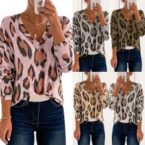 Fashion Long Sleeve V-neck Leopard Printed T-shirt