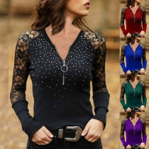 Sexy Lace Spliced Long Sleeve V-neck Solid Color T-shirt