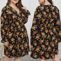 Sexy V-neck Long Sleeve High Waist Printed Over-sized Dress