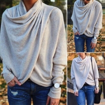 Fashion Solid Color Long Sleeve Irregular Hem Cowl Neck Top