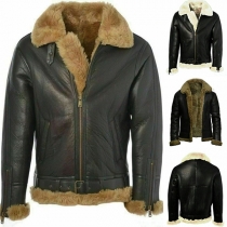 Fashion Faux Fur Spliced Long Sleeve POLO Collar Plush Lining Man's PU Leather Coat