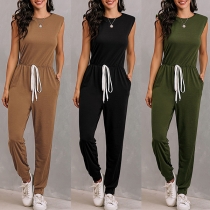 Fashion Solid Color Sleeveless Round Neck High Waist Jumpsuit