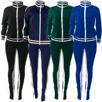 Fashion Contrast Color Stand Collar Sweatshirt Coat + Pants Two-piece Set