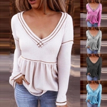 Fashion Contrast Color Long Sleeve V-neck Top