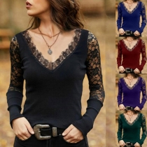 Sexy Lace Spliced Long Sleeve V-neck Solid Color T-shirt