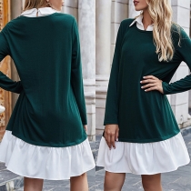 Fashion Contrast Color Long Sleeve POLO Collar Mock Two-piece Dress