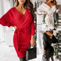 Sexy Backless V-neck Dolman Sleeve Solid Color Slim Fit Dress
