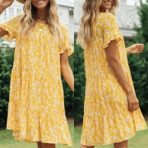 Fresh Style Short Sleeve Round Neck Daisy Printed Dress
