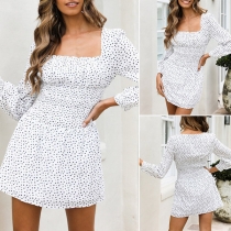 Sexy Square Collar Long Sleeve High Waist Printed Dress