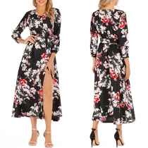 Sexy Slit Hem Long Sleeve V-neck Printed Dress