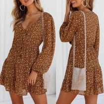 Fresh Style Long Sleeve V-neck Ruffle Hem Printed Dress