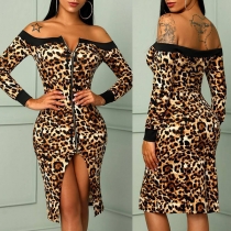 Sexy Off-shoulder Boat Neck Slit Hem Long Sleeve Leopard Printed Dress