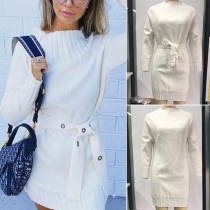 Fashion Solid Color Long Sleeve Round Neck Sweater Dress with Waist Strap