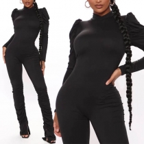 Fashion Solid Color Puff Sleeve Mock Neck Slim Fit Jumpsuit