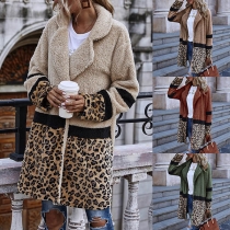 Fashion Contrast Color Leopard Spliced Long Sleeve Plush Coat
