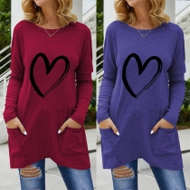Casual Style Heart Printed Long Sleeve Round Neck T-shirt