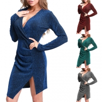 Sexy V-neck Slit Hem Long Sleeve Solid Color Party Dress