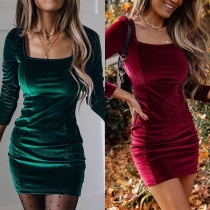 Sexy Square Collar Long Sleeve Solid Color Slim Fit Dress