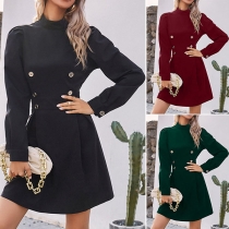 Fashion Solid Color Long Sleeve Mock Neck Double-breasted Dress