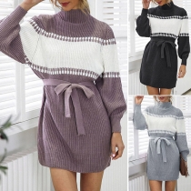 Fashion Contrast Color Lantern Sleeve Mock Neck Sweater Dress