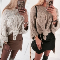 Sexy Oblique Shoulder Dolman Sleeve Irregular Hem Solid Color Knit Top