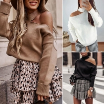 Sexy Off-shoulder Long Sleeve Solid Color Halter Sweater