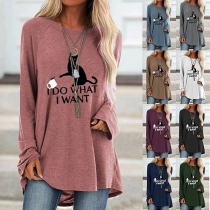 Cute Cat Printed Long Sleeve Round Neck Loose T-shirt