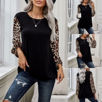 Fashion Leopard Spliced Long Sleeve Round Neck T-shirt
